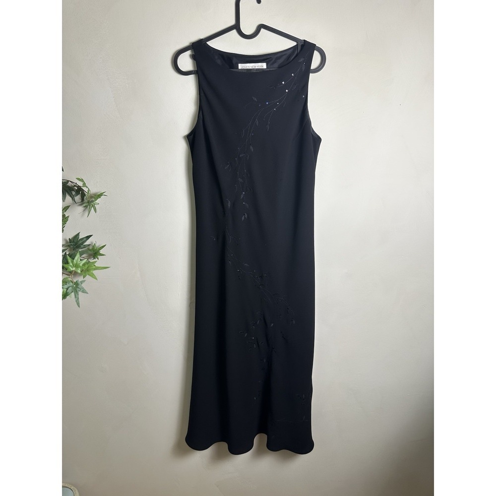 Y2K Jones New York Chiffon Midi‎ Dress Womens 10 Black Beaded Cowl Neck